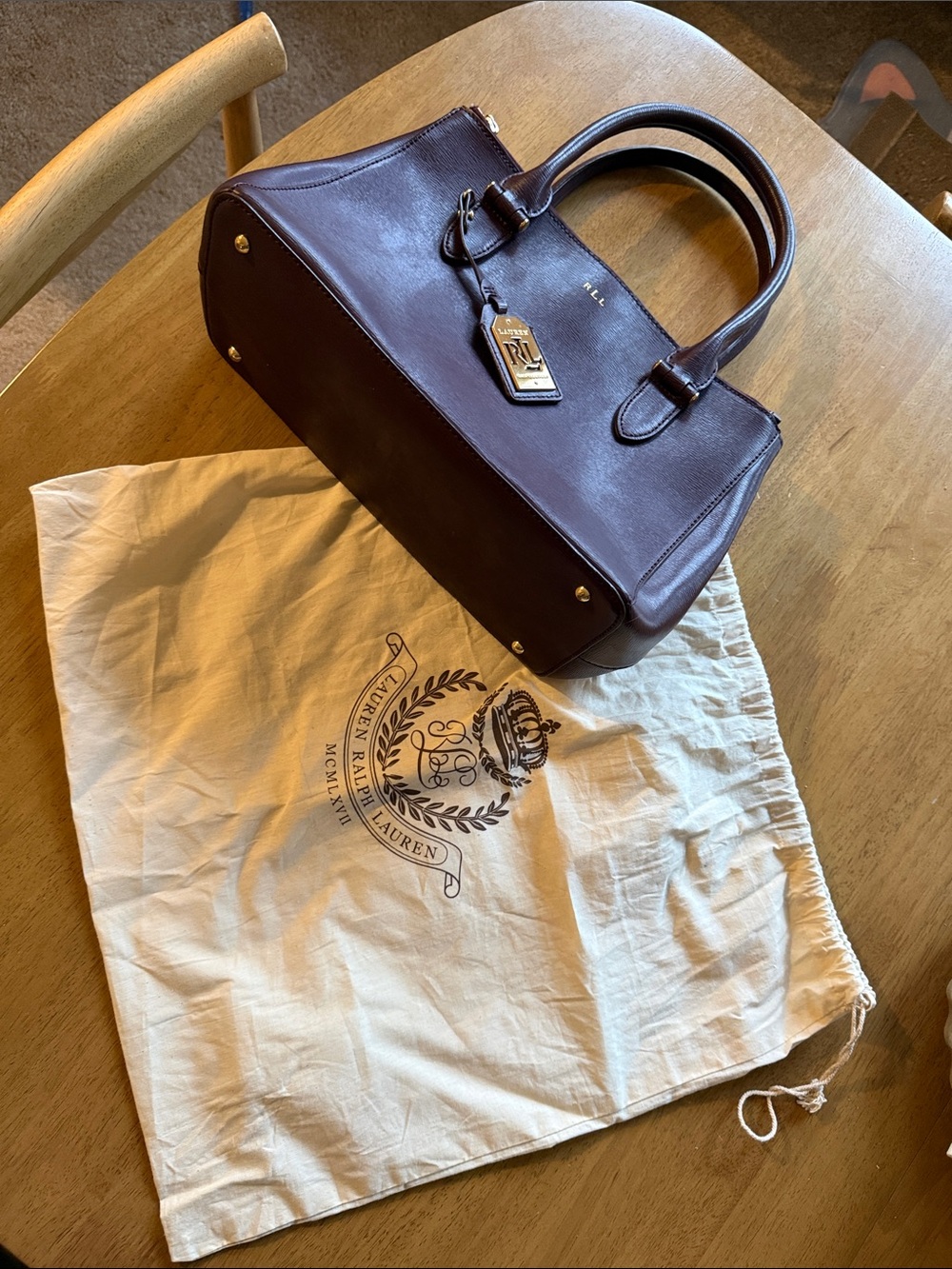 Ralph Lauren Burgundy/Violet Leather Satchel with Gold Tag - Picture 2 of 7